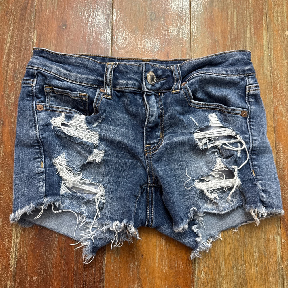American Eagle Blue Distressed Super Stretch Jean Shorts Size 4